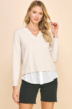V-Neck Knit Woven Combo Top (Oatmeal)