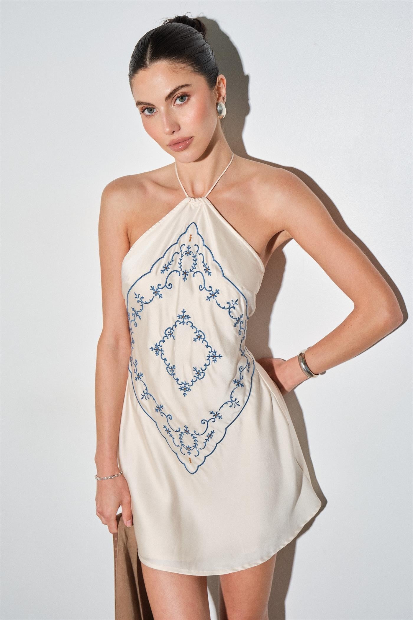Menorca Satin Embroidered Scarf Halter Mini Dress
