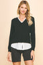 V-Neck Knit Woven Combo Top (Black)