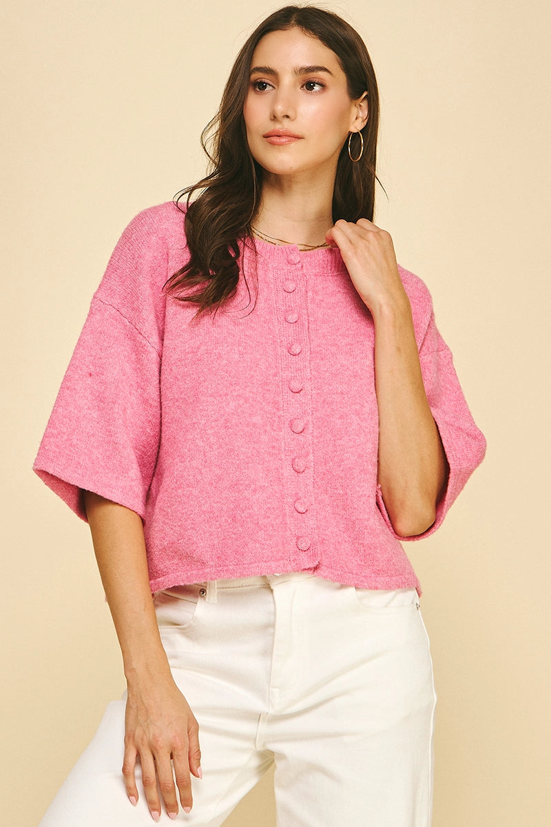 Button Down Short Sleeve Sweater (Pink)