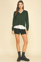 V-Neck Knit Woven Combo Top (Eden Green)