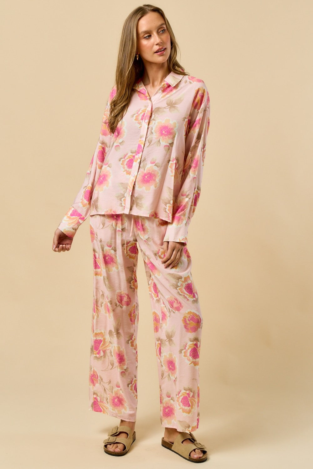 Erika Floral Print Button Down Shirt Pant Set