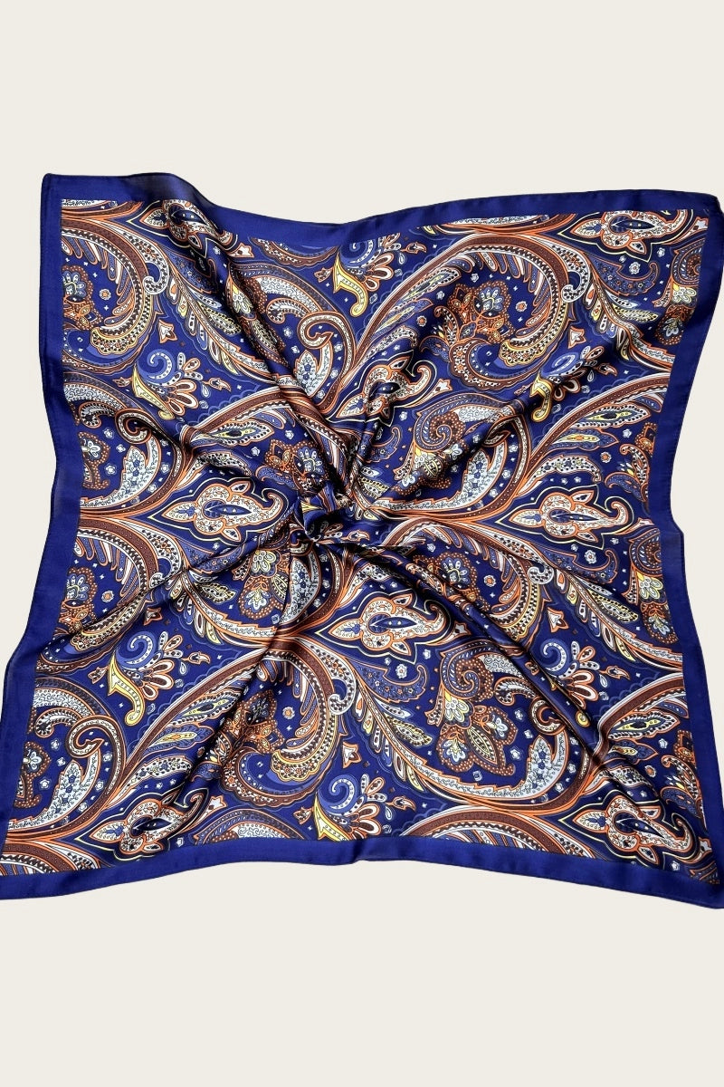 Retro Paisley Silky Scarf (Navy)