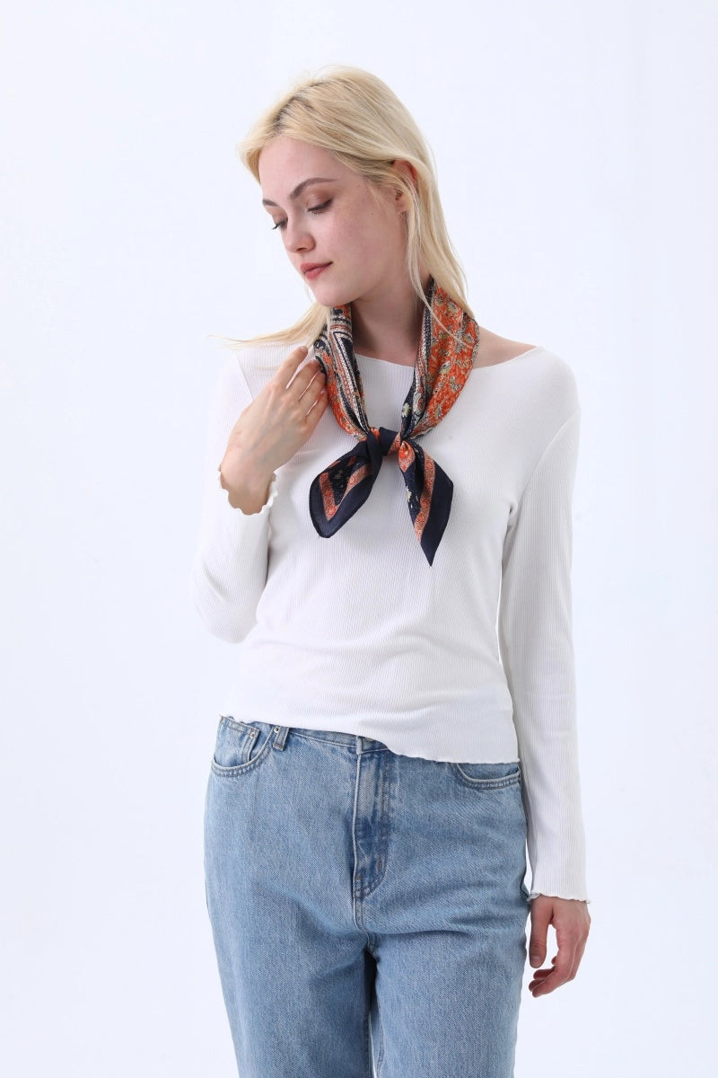 Paisley Print Silk Square Scarf (Navy/Orange)