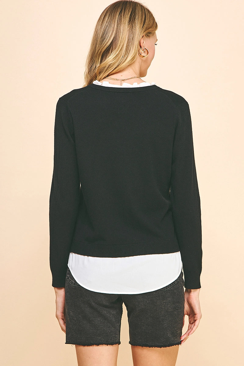 V-Neck Knit Woven Combo Top (Black)