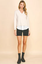 V-Neck Knit Woven Combo Top (Oatmeal)