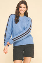 Striped Sleeve Knit Sweater (Blue/Brown)