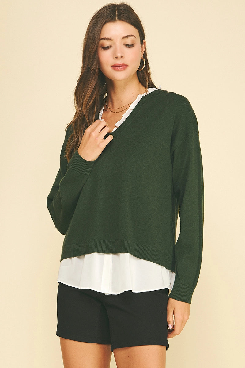 V-Neck Knit Woven Combo Top (Eden Green)