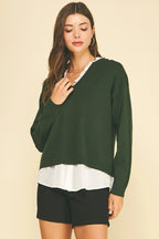 V-Neck Knit Woven Combo Top (Eden Green)