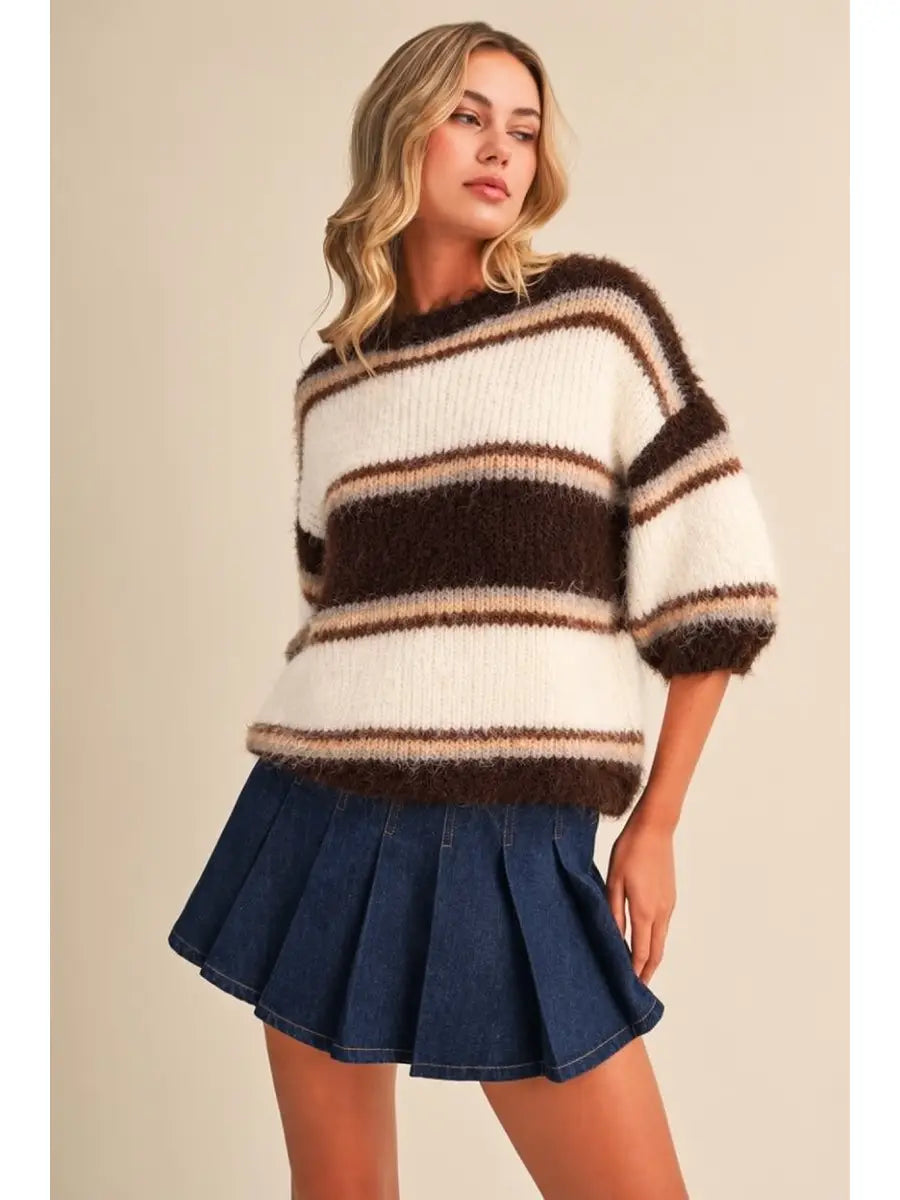 Elbow Sleeve Stripe Sweater Brown Multi