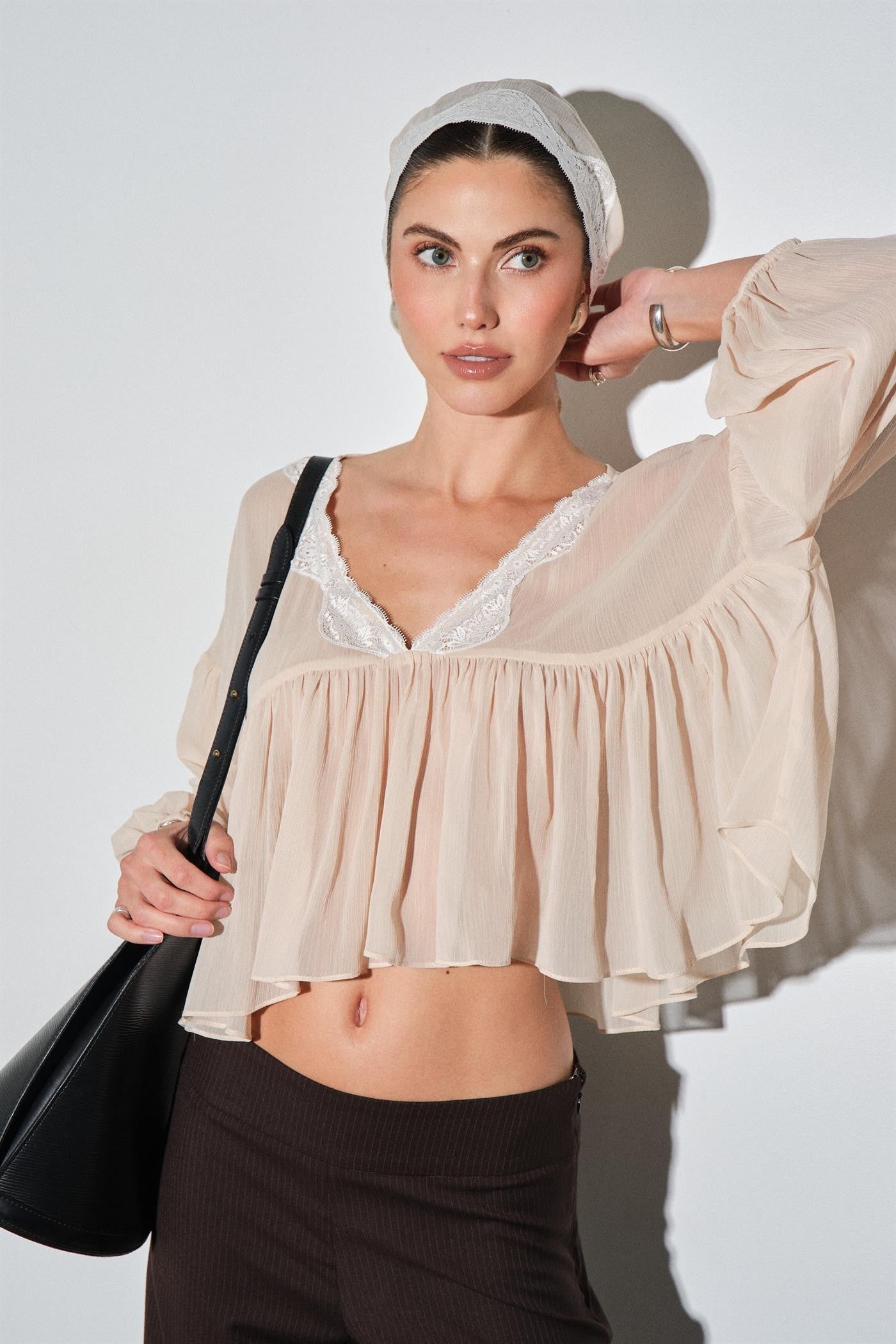 Rosalie Sheer Chiffon Lace Trim Babydoll Blouse W/ Scarf Main image
