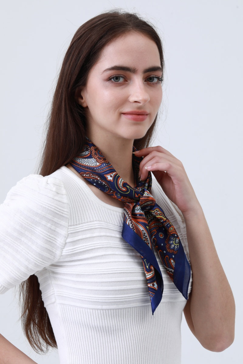 Retro Paisley Silky Scarf (Navy)