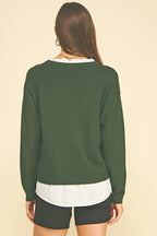 V-Neck Knit Woven Combo Top (Eden Green)