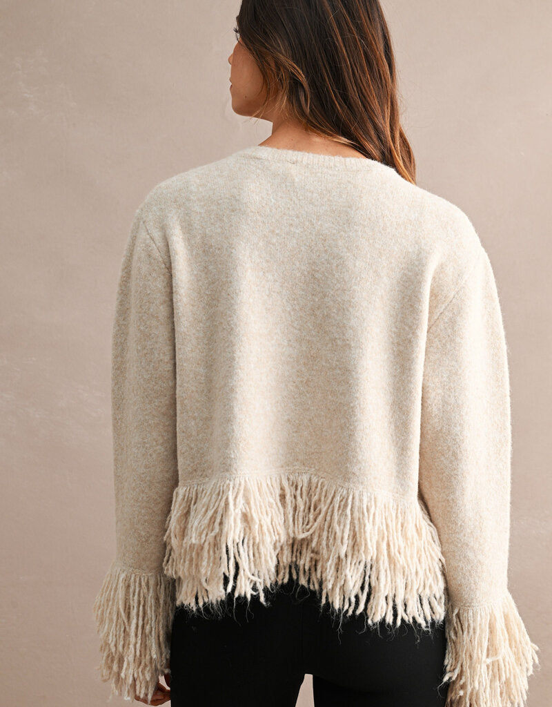 Open Front Knit Single Button Closure Fringe Trim Cardigan (Lt Taupe)