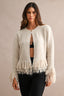 Open Front Knit Single Button Closure Fringe Trim Cardigan (Lt Taupe)