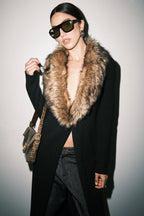 Gigi Ribbed Knit Faux Fur Collar Open Front Maxi Cardigan
