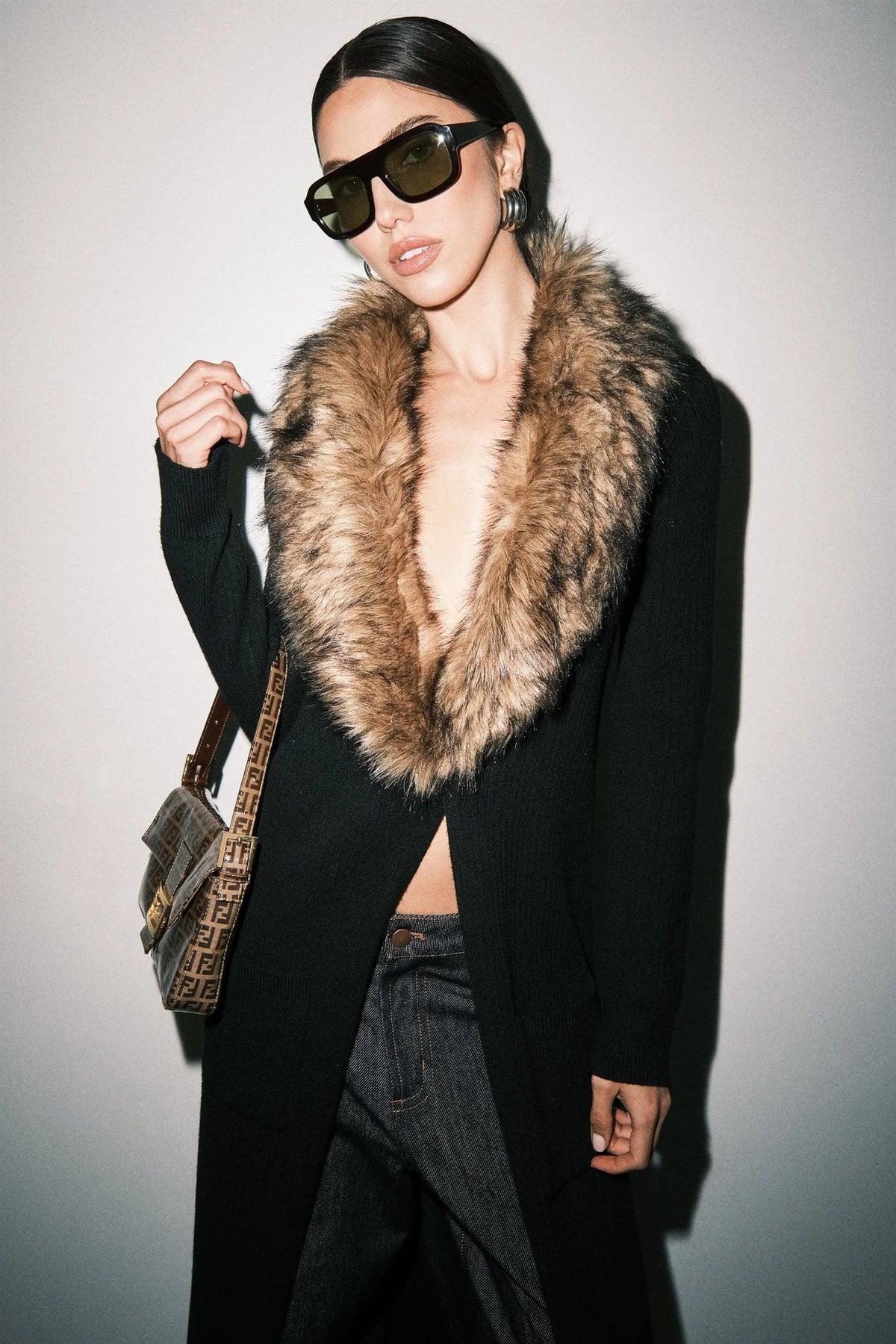 Gigi Ribbed Knit Faux Fur Collar Open Front Maxi Cardigan
