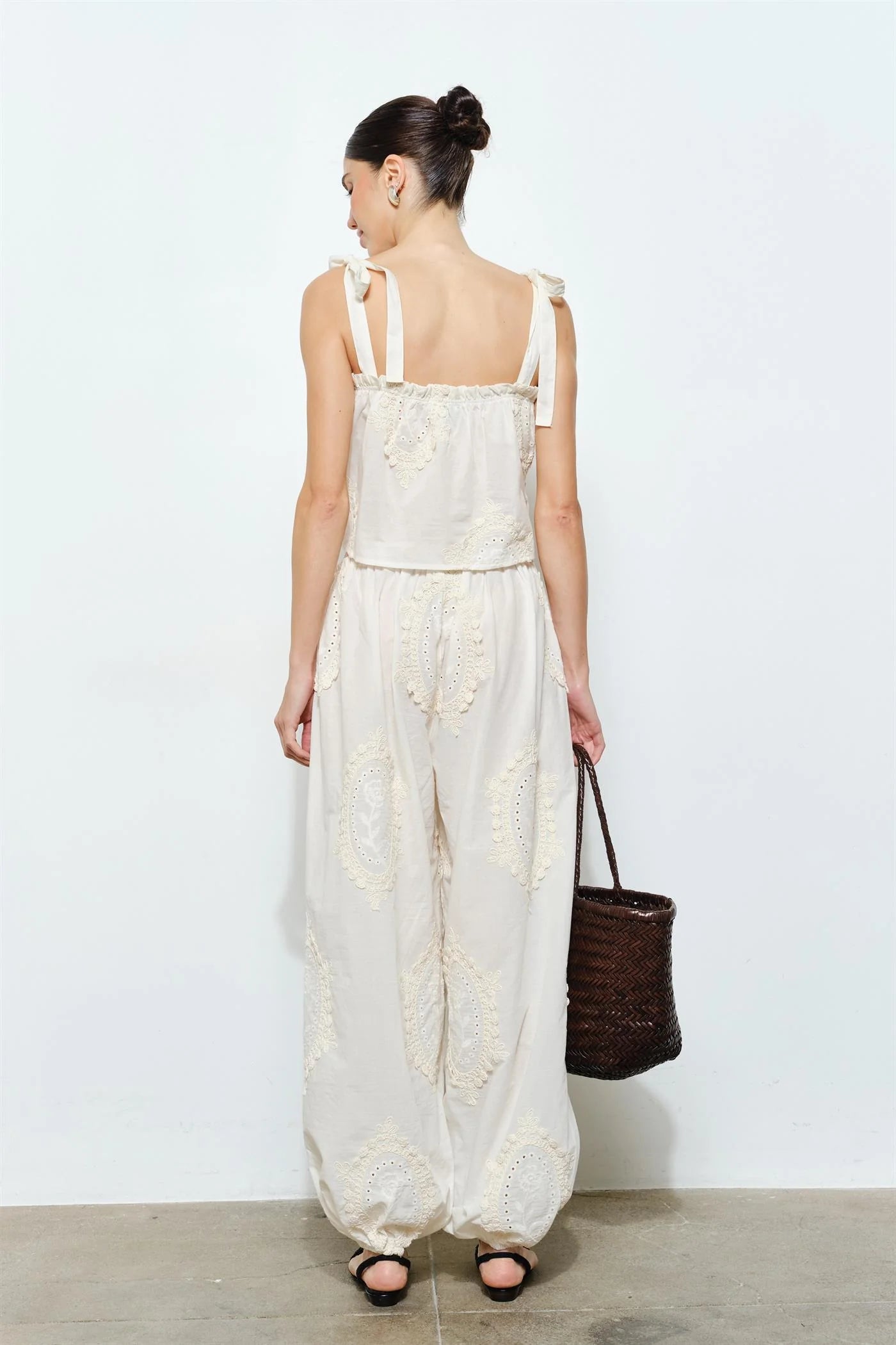 Owen Embroidered Tie Strap Scarf Top (Natural)