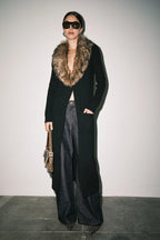 Gigi Ribbed Knit Faux Fur Collar Open Front Maxi Cardigan
