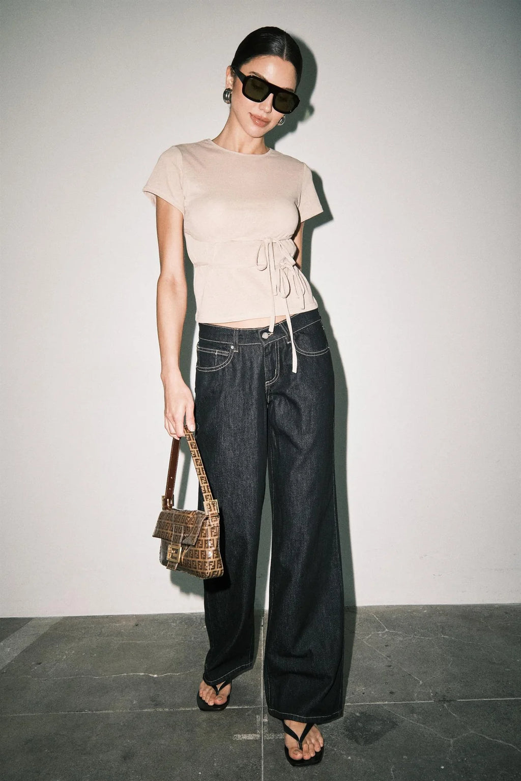 Amber Fine Knit Tie Waist Short Sleeve Tee Top (Tan)