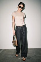 Amber Fine Knit Tie Waist Short Sleeve Tee Top (Tan)