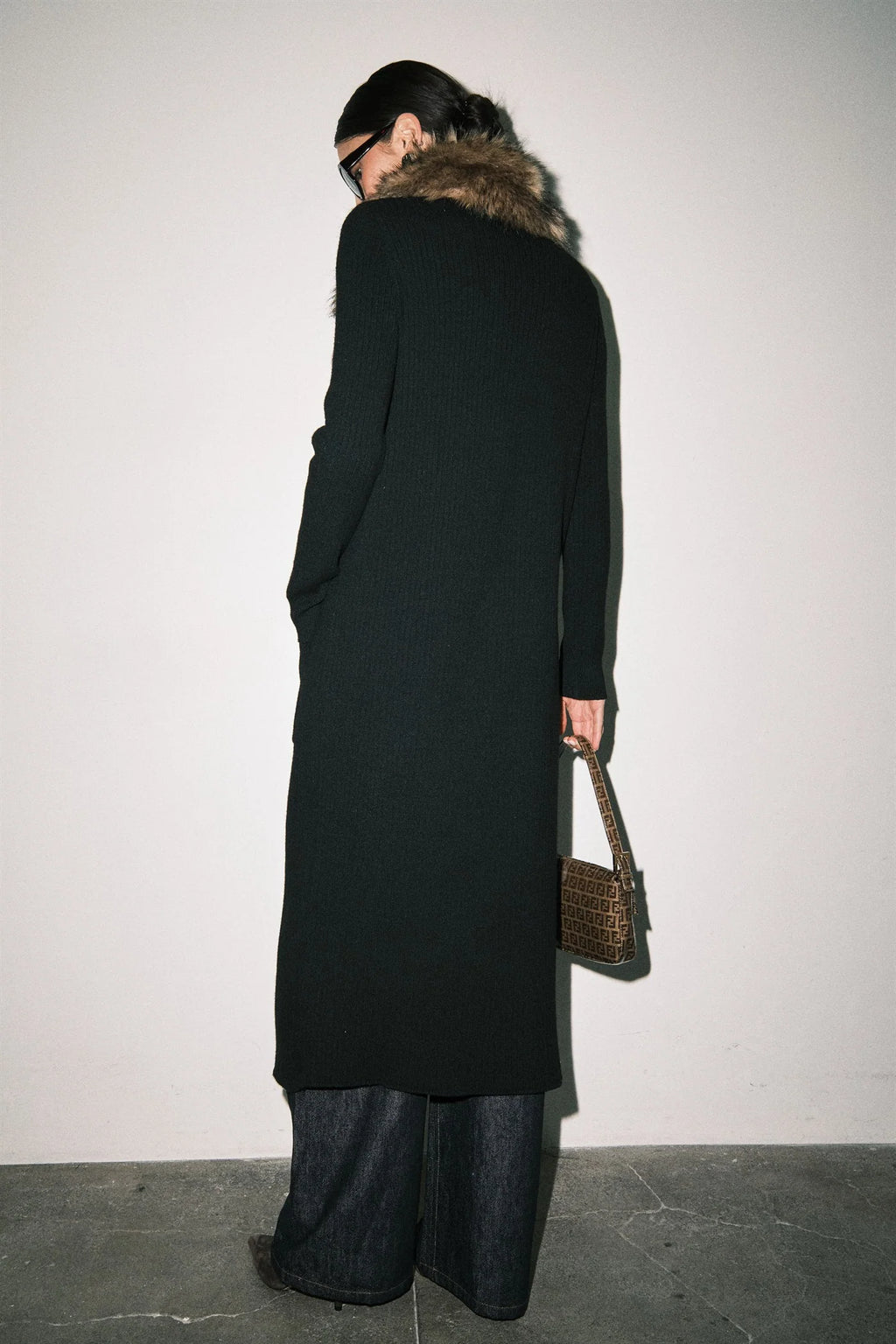 Gigi Ribbed Knit Faux Fur Collar Open Front Maxi Cardigan