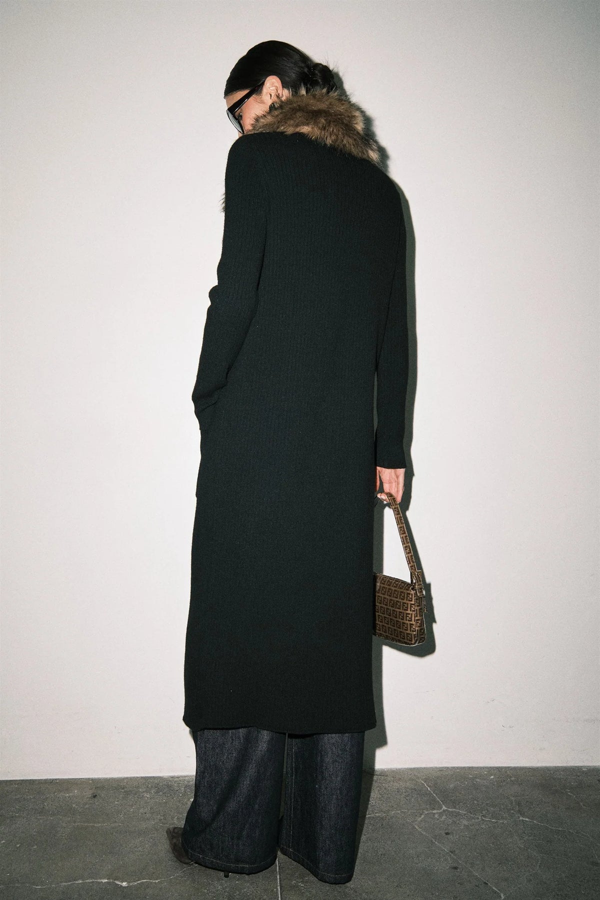 Gigi Ribbed Knit Faux Fur Collar Open Front Maxi Cardigan