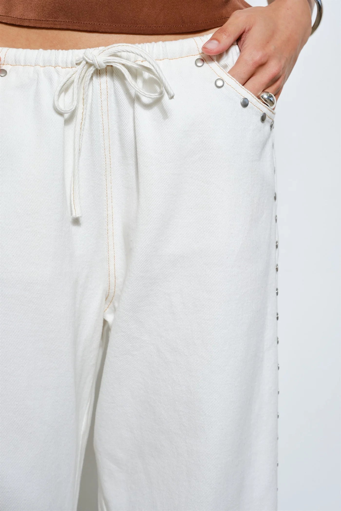 Marlowe Studded Denim Pants (White)