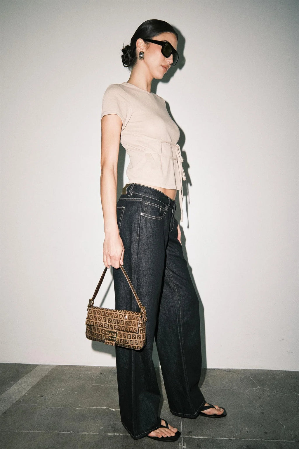 Amber Fine Knit Tie Waist Short Sleeve Tee Top (Tan)