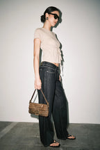 Amber Fine Knit Tie Waist Short Sleeve Tee Top (Tan)