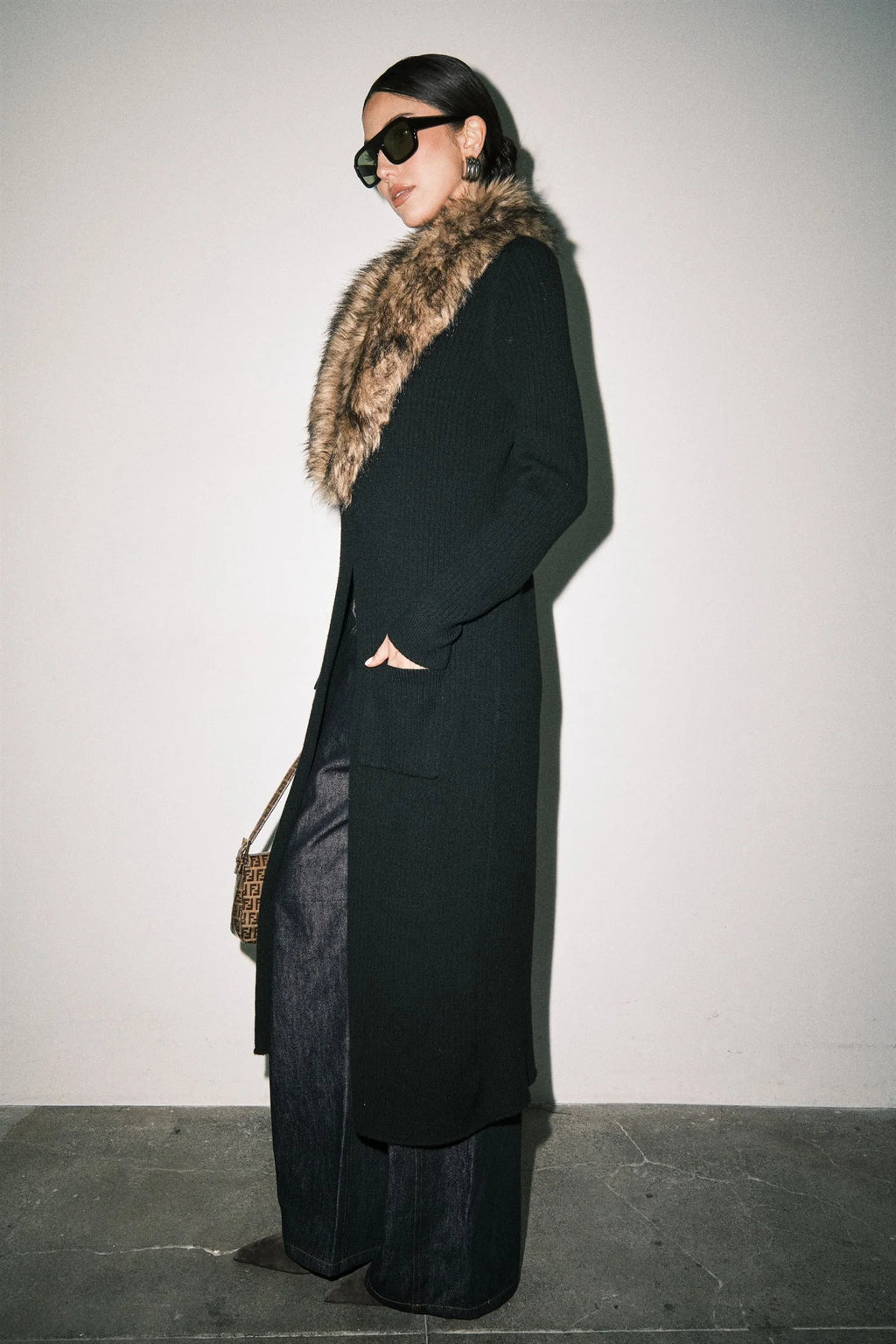 Gigi Ribbed Knit Faux Fur Collar Open Front Maxi Cardigan