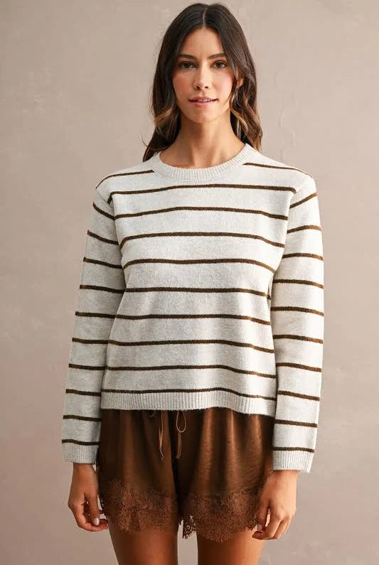 Stripe Knitted Top With Scarf (Cream)