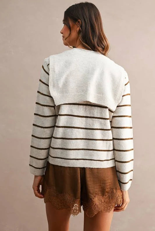 Stripe Knitted Top With Scarf (Cream)