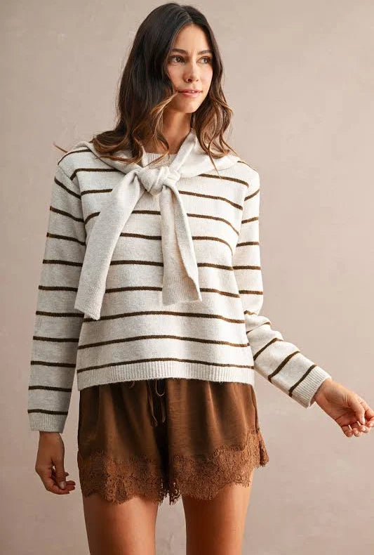 Stripe Knitted Top With Scarf (Cream)